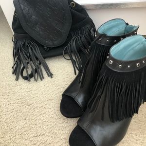 Fringed Faux Leather Peep-Toe Booties and a Fringed Mini Backpack